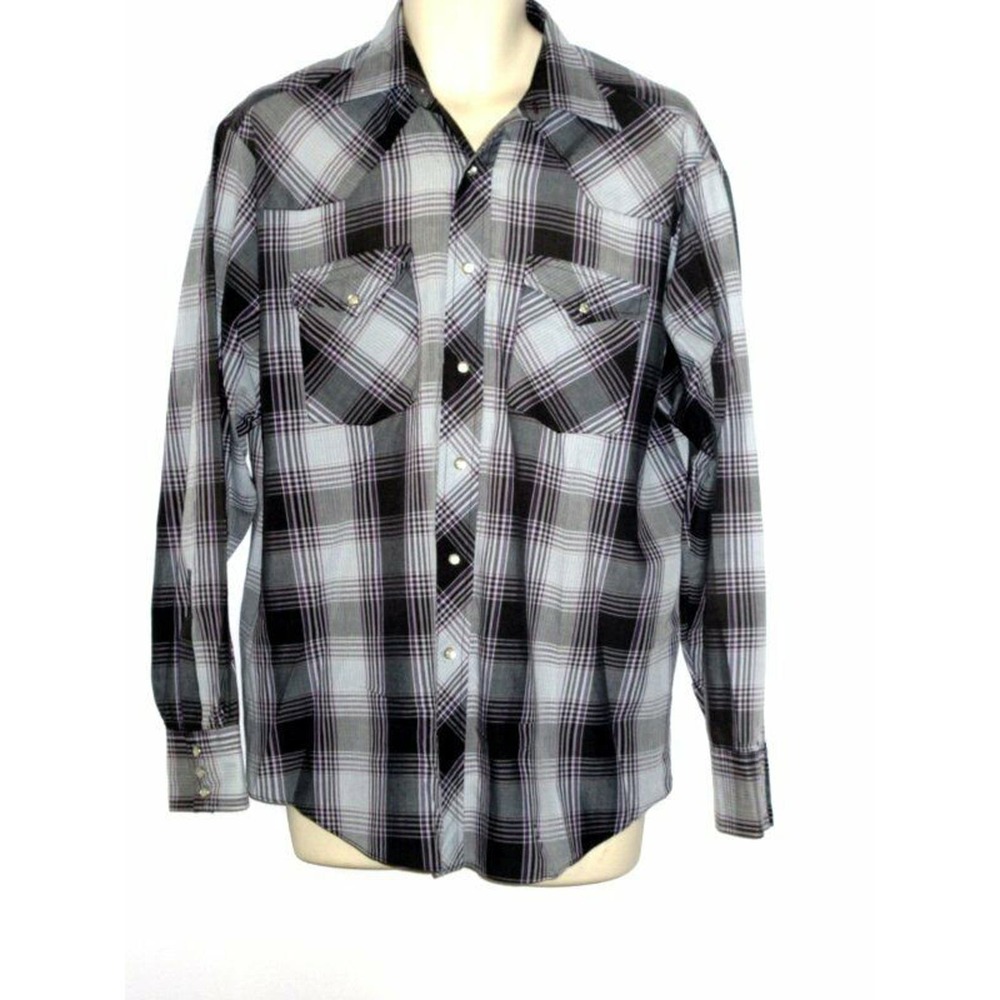 Lee Men's LS Western Pearl Snap Shirt Gray Black Purple Plaid Check Large - Picture 1 of 3